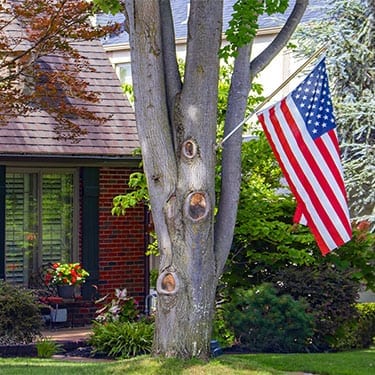 a large tree shading a home with an American flag